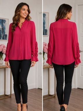 Zara Basic Fuchsia Ruffle Sleeve Blouse | Sheer Long Sleeve Top | Size Small